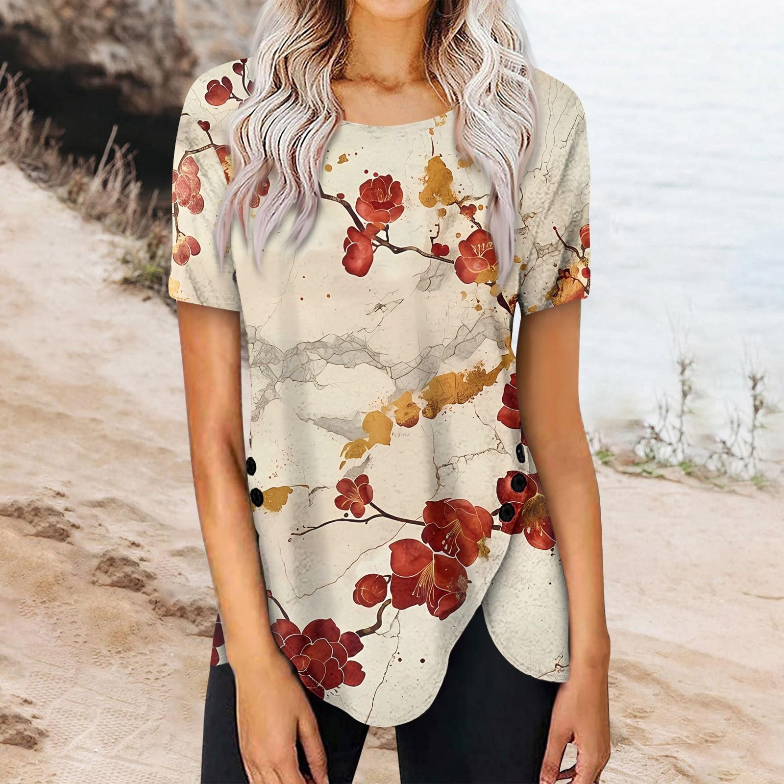 

Жіночий літній топ з принтом на ґудзиках і круглим вирізом із короткими рукавами XL бежевий