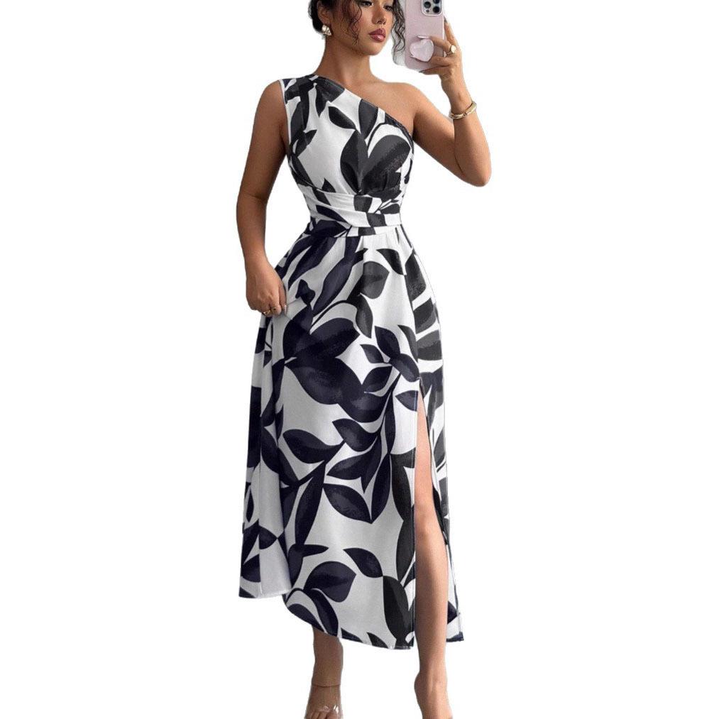 Floral Print One-Shoulder Slit Maxi Dress - Sexy Vacation Style for Spring and Summer