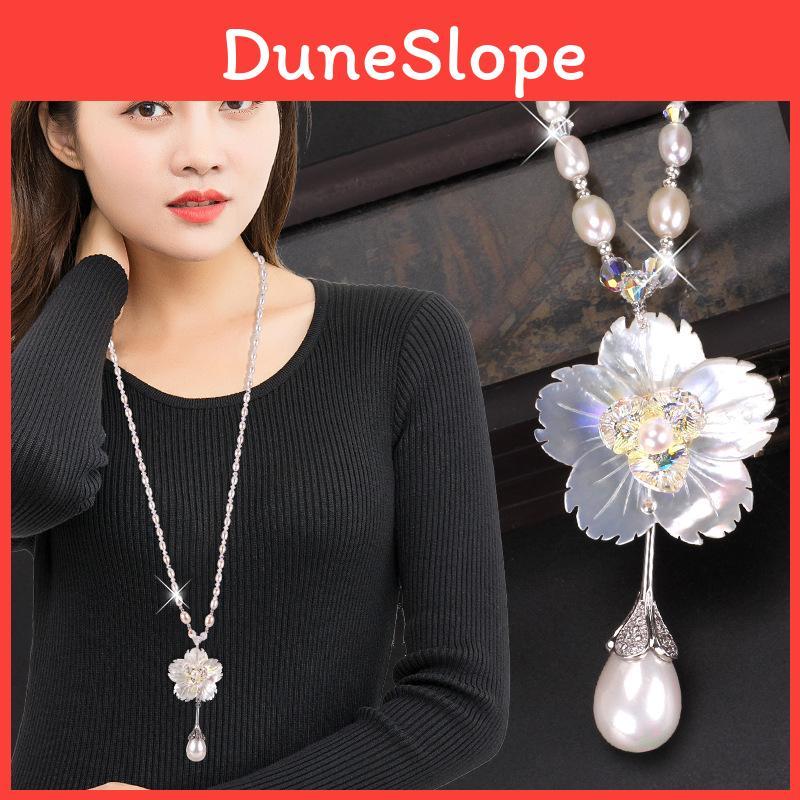 Pearl Necklace For Women Long Floral Pendant With Shell Material For Fashion Jewelry
