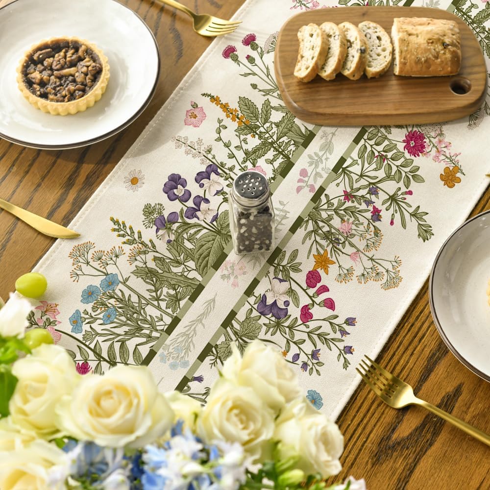 Spring Wildflowers Daisy Flower Linen Table Runner Holiday Party Decor Reusable Kitchen Dining Table Runner Wedding Decorations