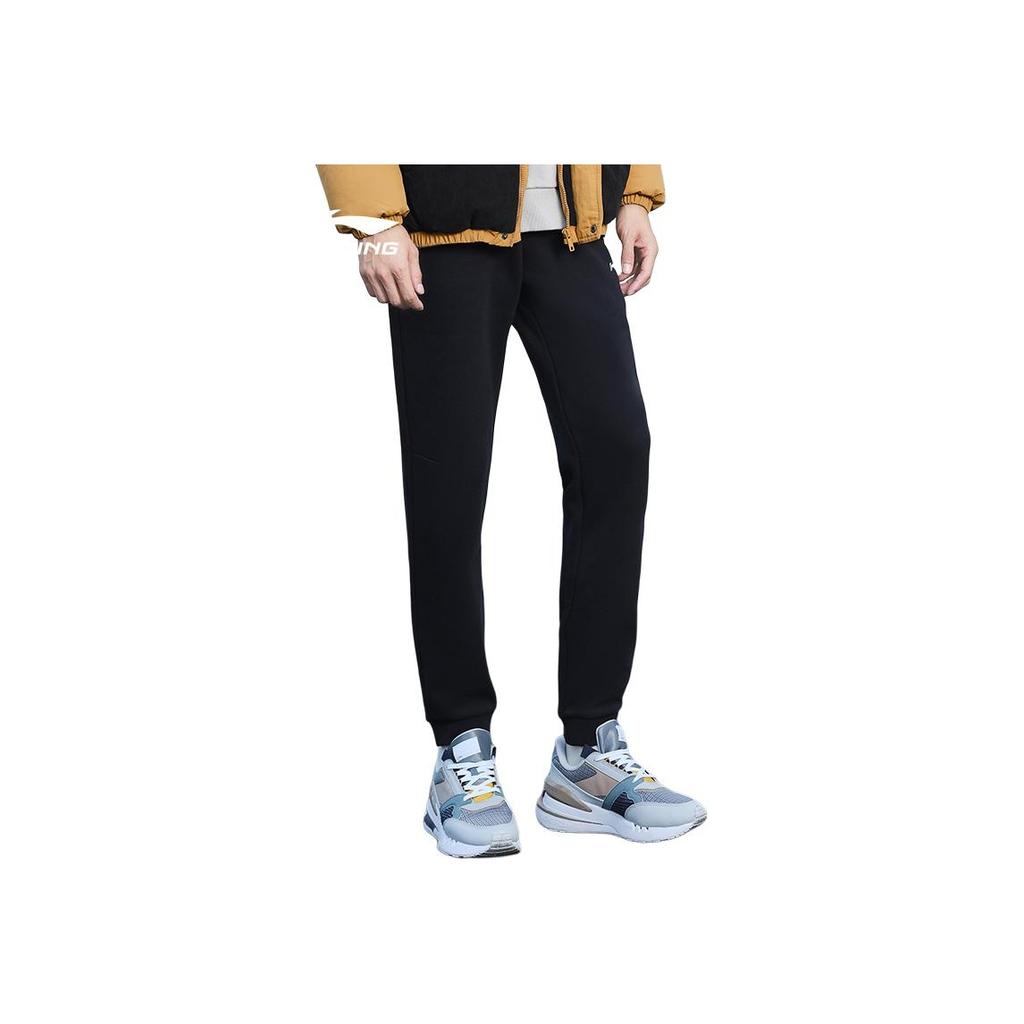 Li Ning Fitness Series Logo Print Fleece Lined Comfortable Knitted Sports Pants Men Bottoms Black AKLTC13