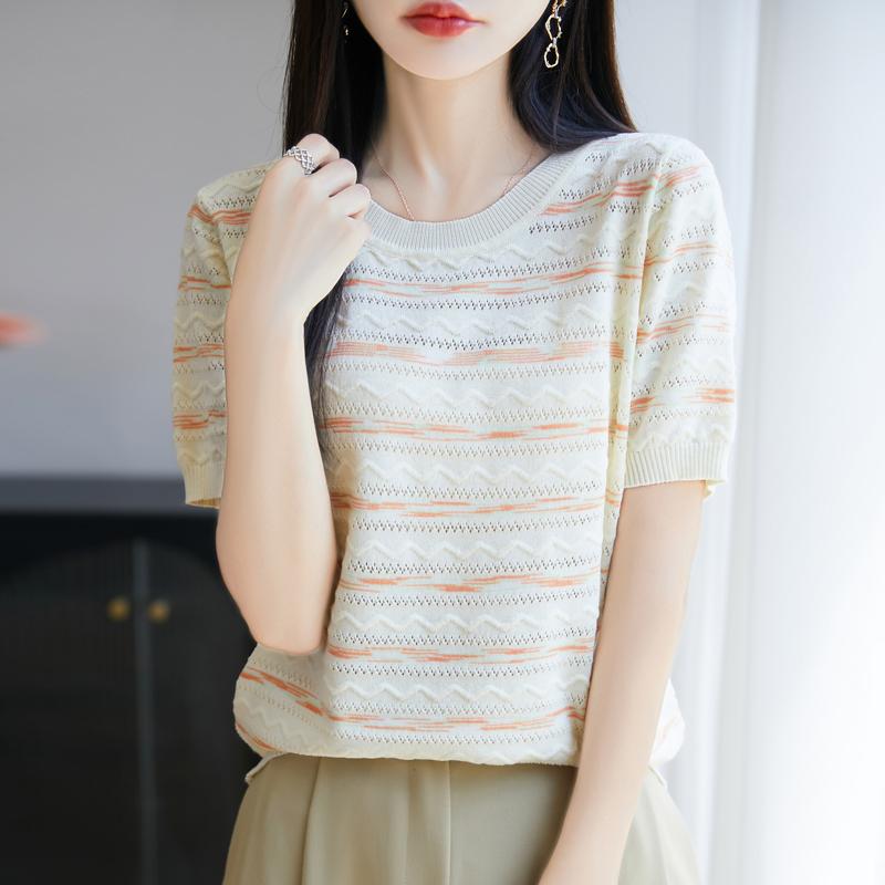 Women Knit T-shirt Summer Knitted Shirt Short Sleeve Tees O-neck Pullover Knit Tops Female
