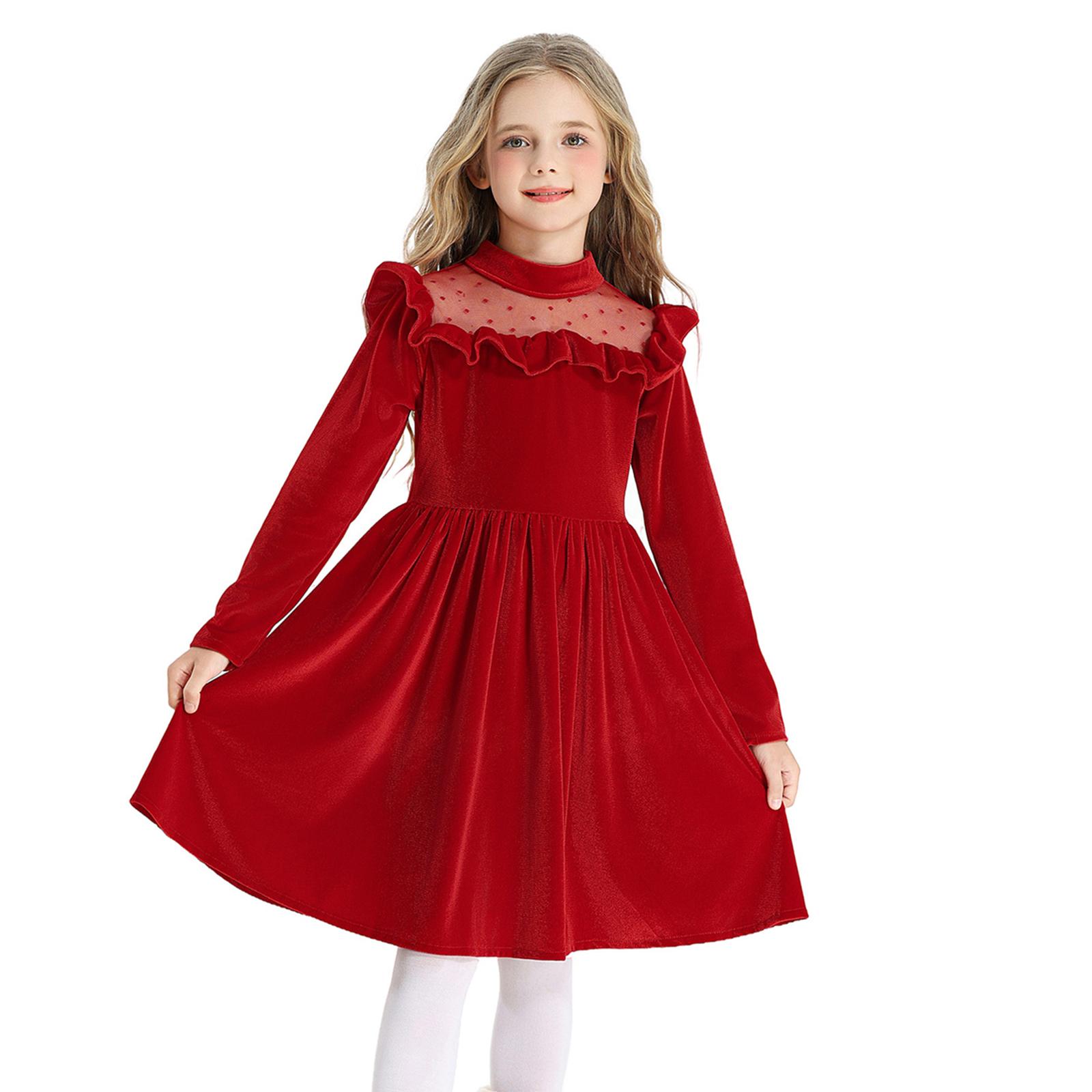 

Girls Fashion Cute Solid Color Ruffled Long-Sleeve Princess Christmas Party Performance Dress Tulle Gown 140 красный