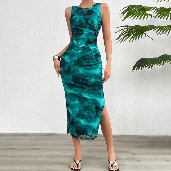 Dámské Bodycon Maxi Šaty Letní Bez Rukávů Řasené Vysoký Rozparek Tank Šaty Květinová Síťovina Plážová Dovolená Večerní Šaty