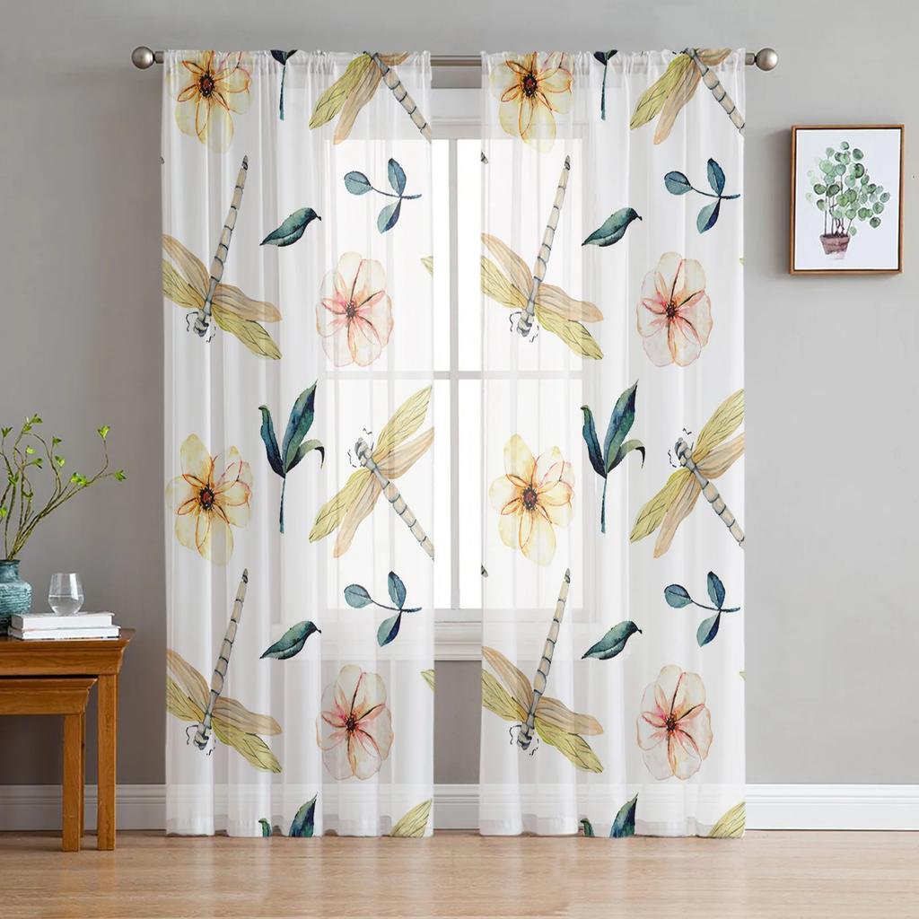 Dragonfly Flowers Curtain Living Room Voile Window Blinds Bedroom Tulle Drape Kitchen Cortinas Hall Curtains Light Filtering Polyester Ideal For Great