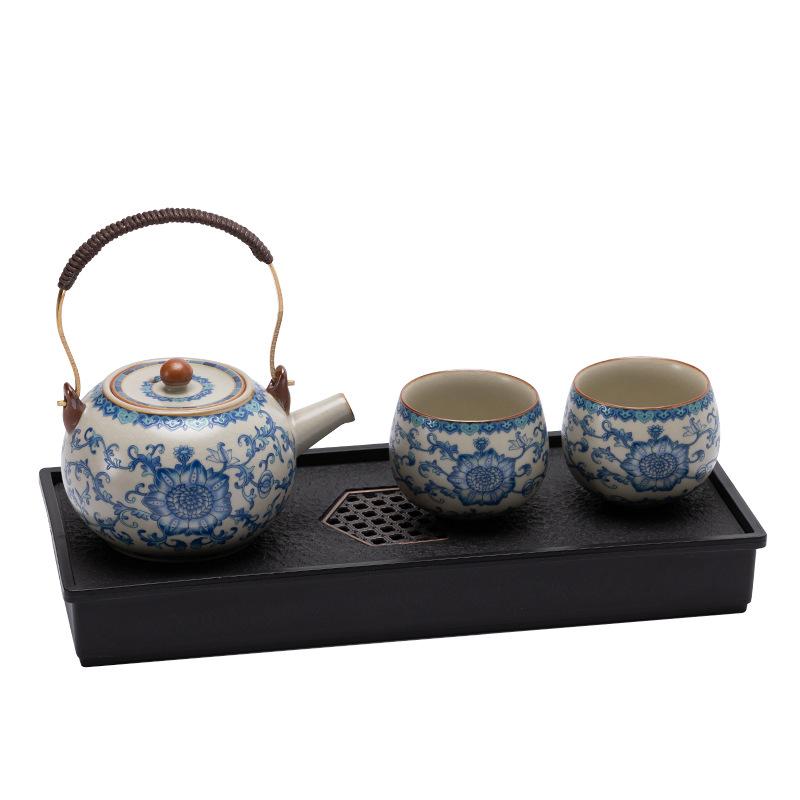 Ru kiln twisted branch lotus hand grab pot cover bowl teacup single high-end retro blue and white tea with lid ceramic kung fu tea set