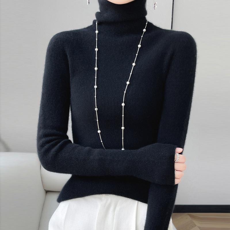Women’s High Neck Wool Sweater 2025: Slim Fit, Pure Color, Fashionable Base Layer Knit.