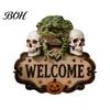 Creative Gift for Friends Halloween Wooden Welcome Sign, Spooky Skull Frog Crow Witch Door Hanger, Realistic Skeleton Sign 2D Wall Hanging Home Party