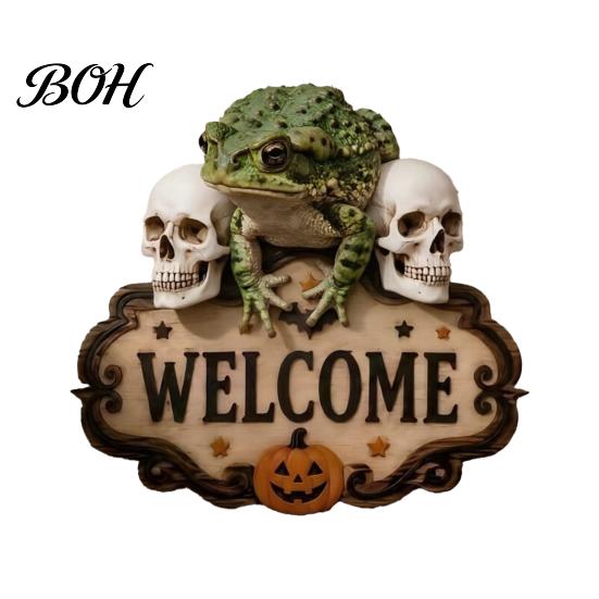 Creative Gift for Friends Halloween Wooden Welcome Sign, Spooky Skull Frog Crow Witch Door Hanger, Realistic Skeleton Sign 2D Wall Hanging Home Party