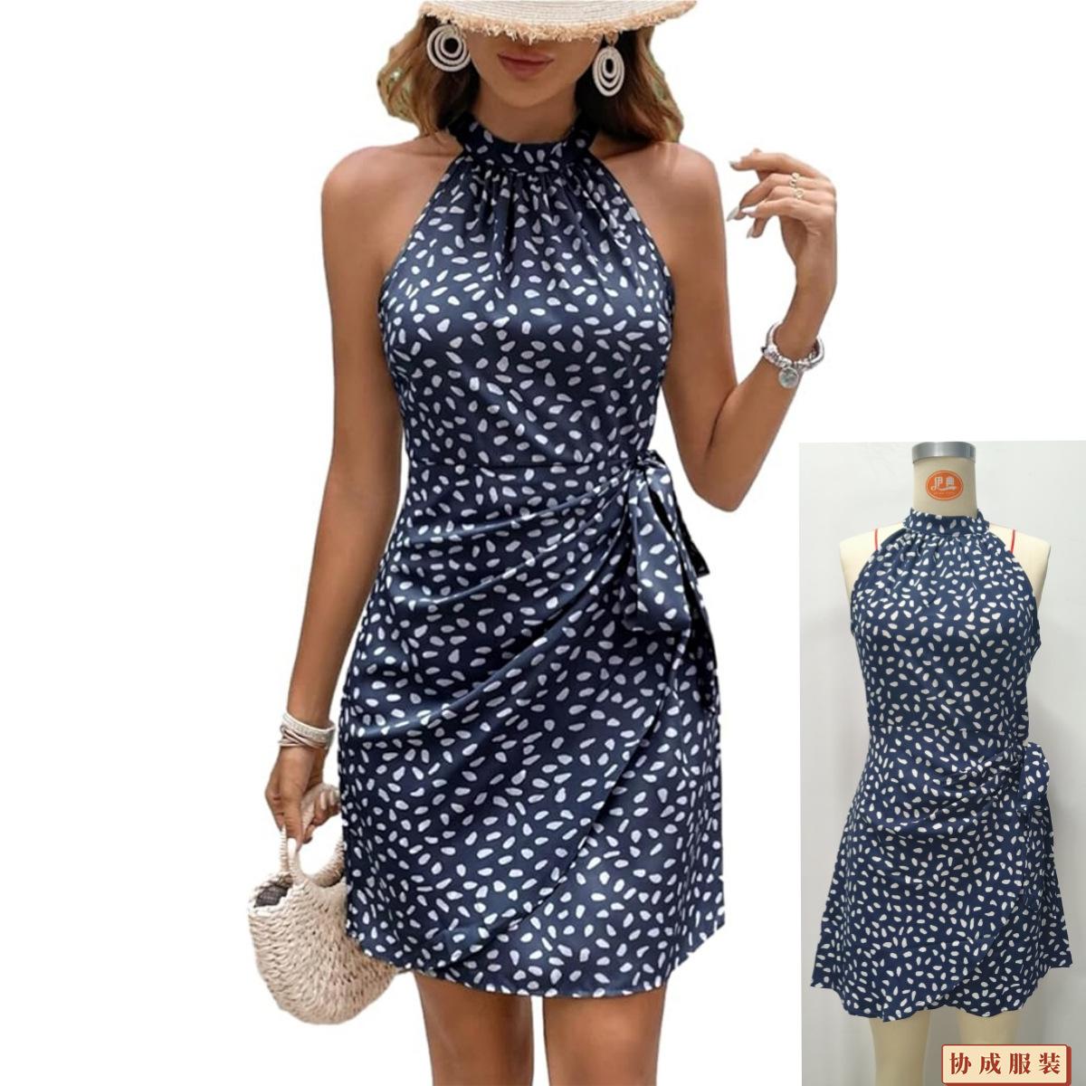 

Женское платье без рукавов в горошек с халтер-вырезом и деталью в виде банта сбоку, летнее повседневное платье XS тёмно-синий