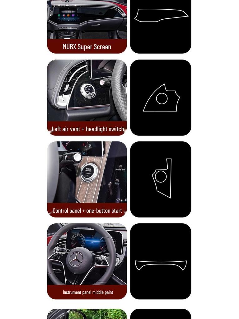 Compatible with 25 Mercedes-Benz E-Class E300L: center console screen protector, tempered glass screen protector, and dashboard protection film.