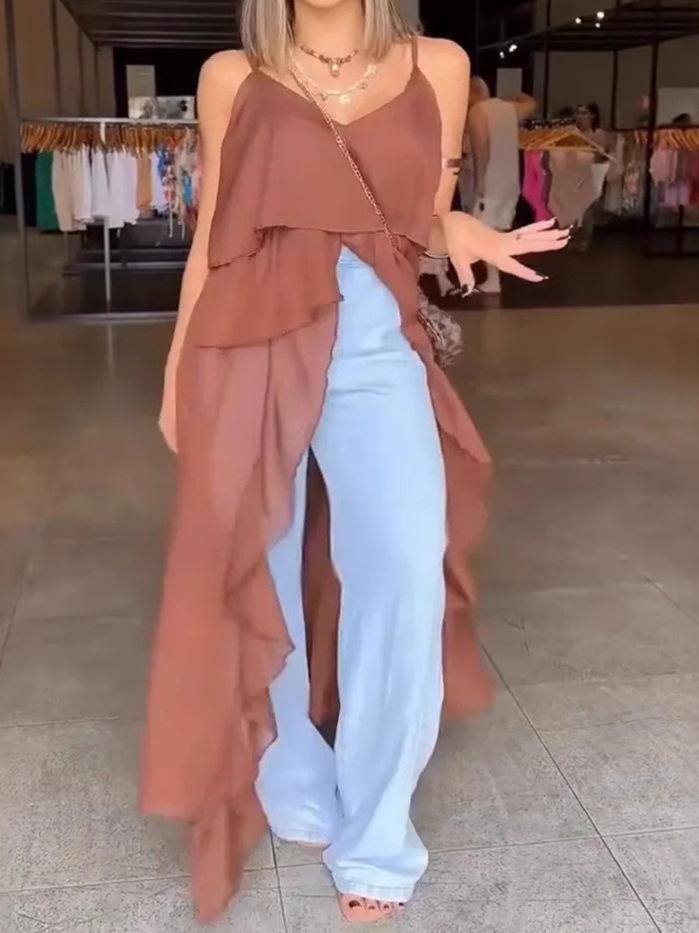 2025 New Sexy V-neck Ruffle Irregular Spaghetti Strap Dress for Women - European & American Spring/Summer Style