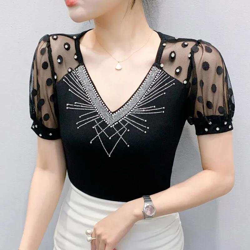 Summer New Mesh T-shirt Shiny Hot Diamonds Tees Sexy V-neck Short Sleeve Women's Tops Fashion Classic Girl Streetwear Blouse