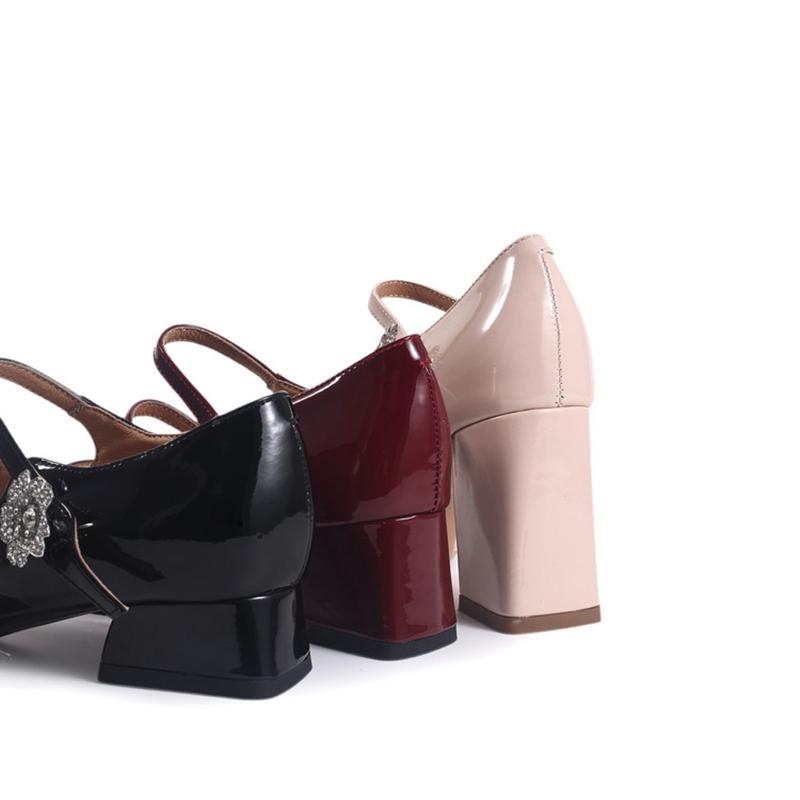 Fashion New women's genuine leather, cowhide, patent leather, round toe rhinestone flower belt buckle, high heels, Mary Jane shoes