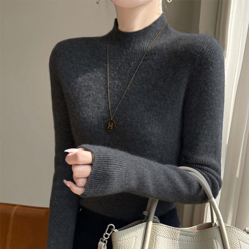 Women's Slim Fit Wool Sweater - Half-High Neck, Long Sleeve, Warm Autumn Winter Knit Base Layer
