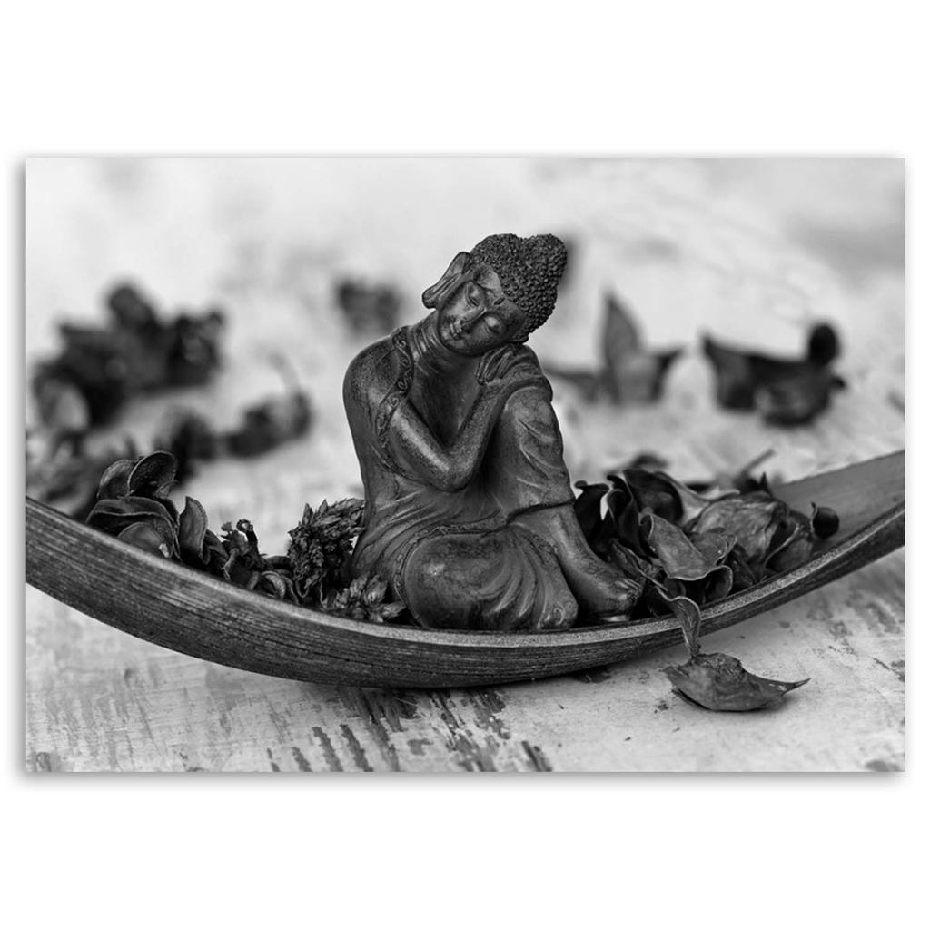 Canvas Print, Buddha and Flower Petals - Black and White