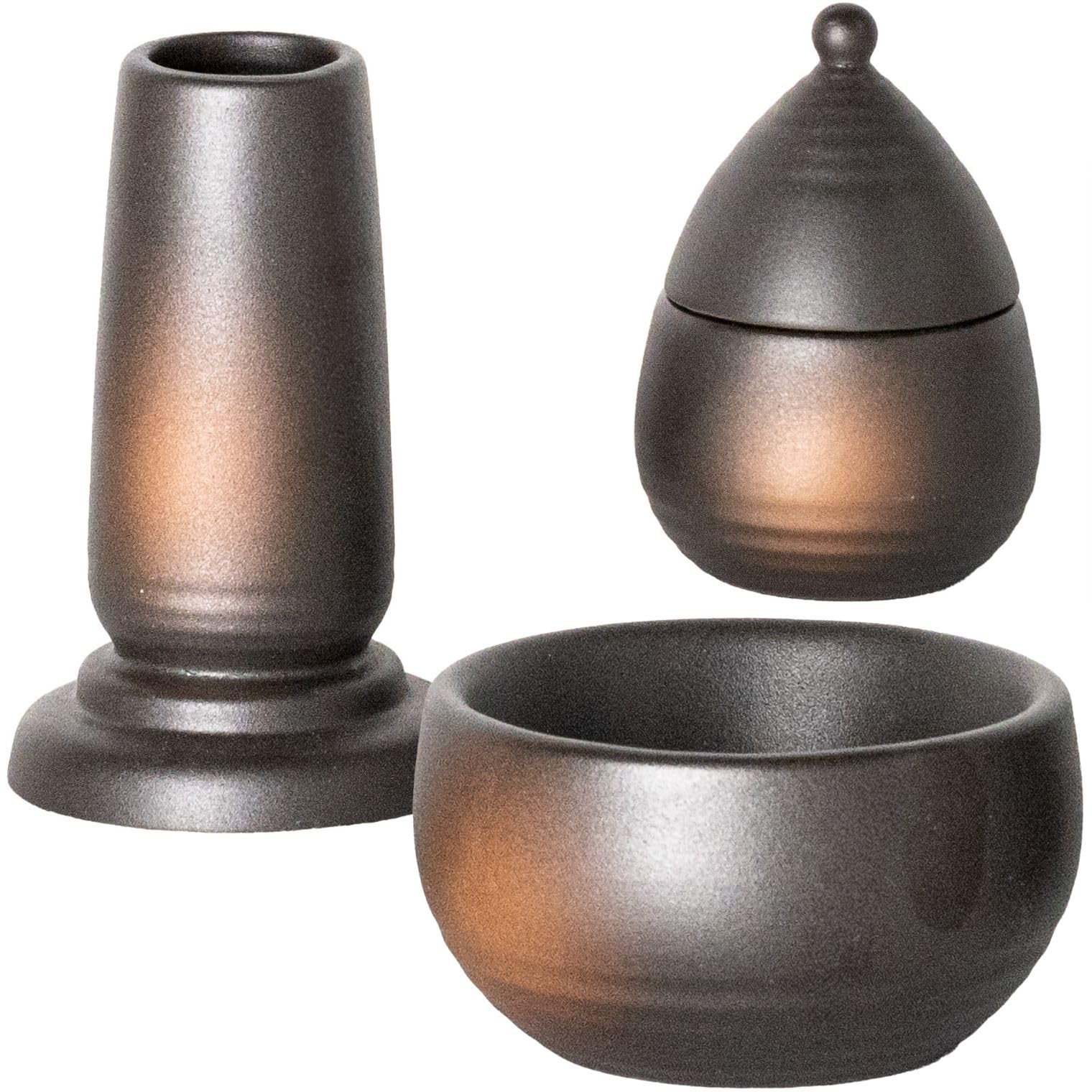 

Ceramic Arte Bizen-Blown Buddhist Altar Set (Vase, Incense Burner, Candle Holder with Fire Extinguisher Lid) - 3-Piece Set, Made in Japan, Small,
