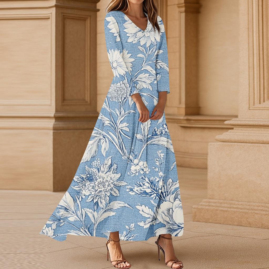 Women's Casual 3/4 Sleeve V-Neck Floral Print Maxi A-Line Beach Dress