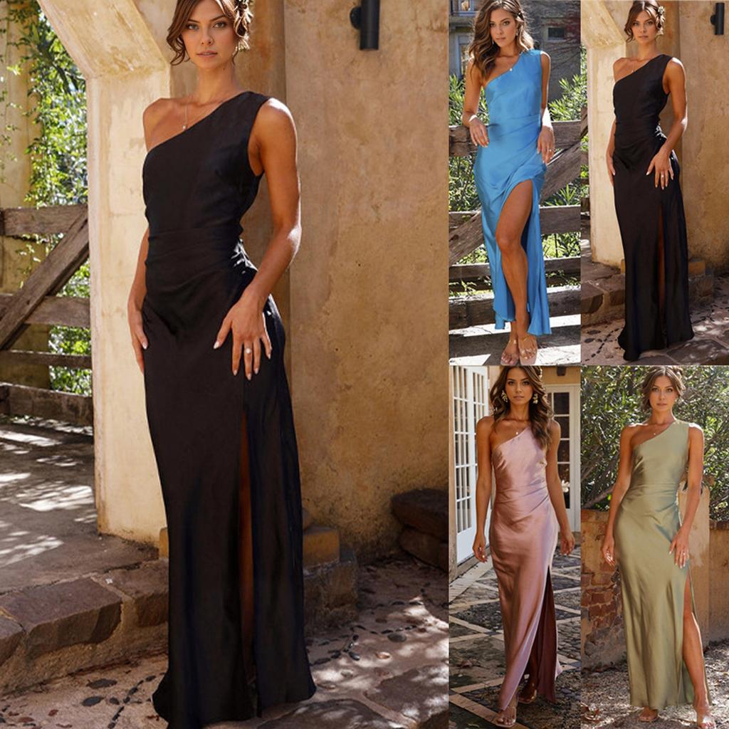 Summer Dress Satin Spaghetti Strap Cowl Neck Backless Midi Dress Elegant Up Low Back Cocktail Dress