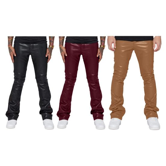Men Faux Leather Pants Mid Waist Loose Smooth Solid Color Hip Hop Style Streetwear Party Club Performance Flared Trousers