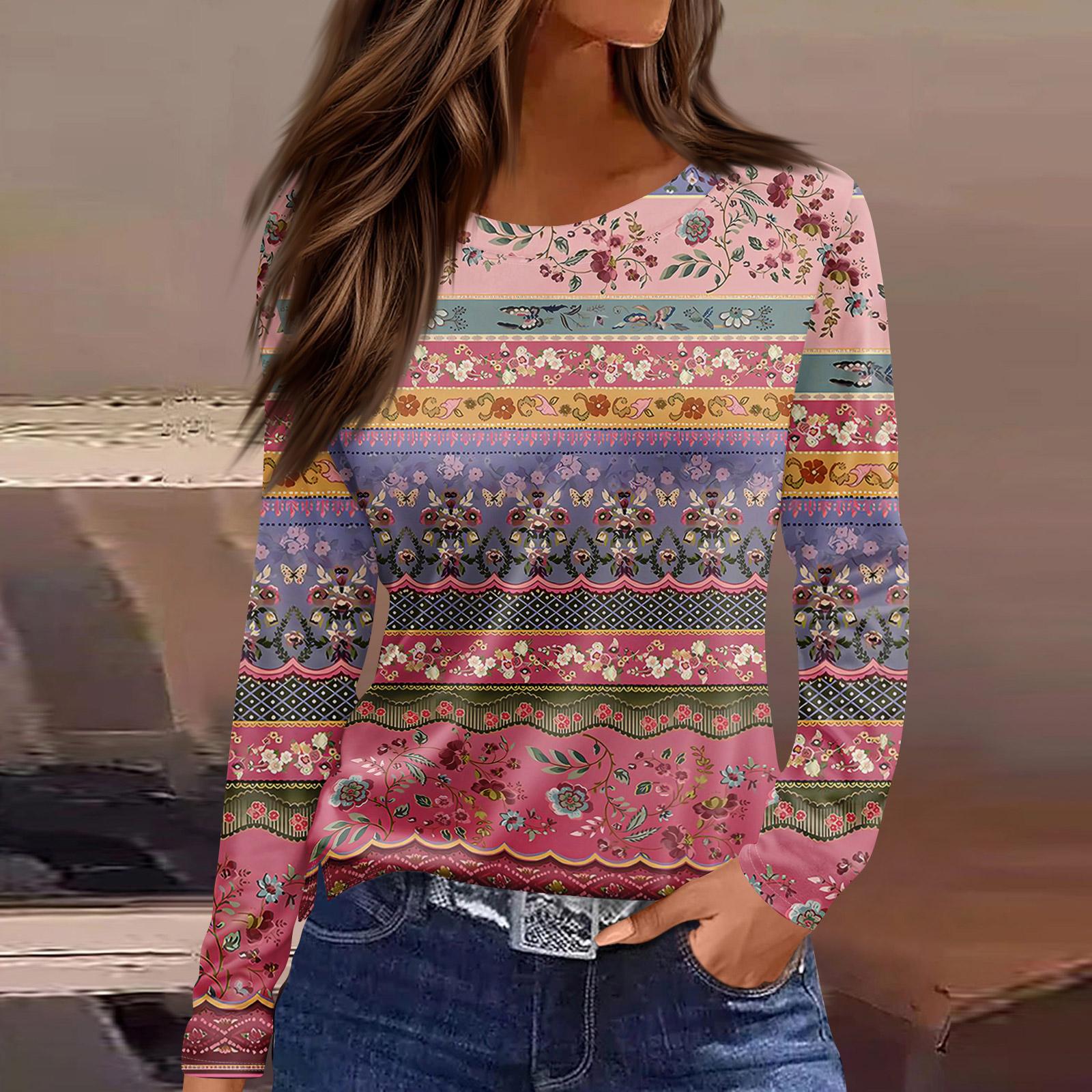 

Жіноча модна повсякденна футболка з розрізом і круглим вирізом з довгим рукавом і принтом. XXL