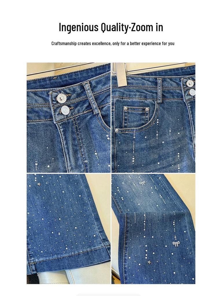 Women's High-Waisted Rhinestone Slim Fit Micro-Flare Denim Pants - 2026 Spring/Winter Trend
