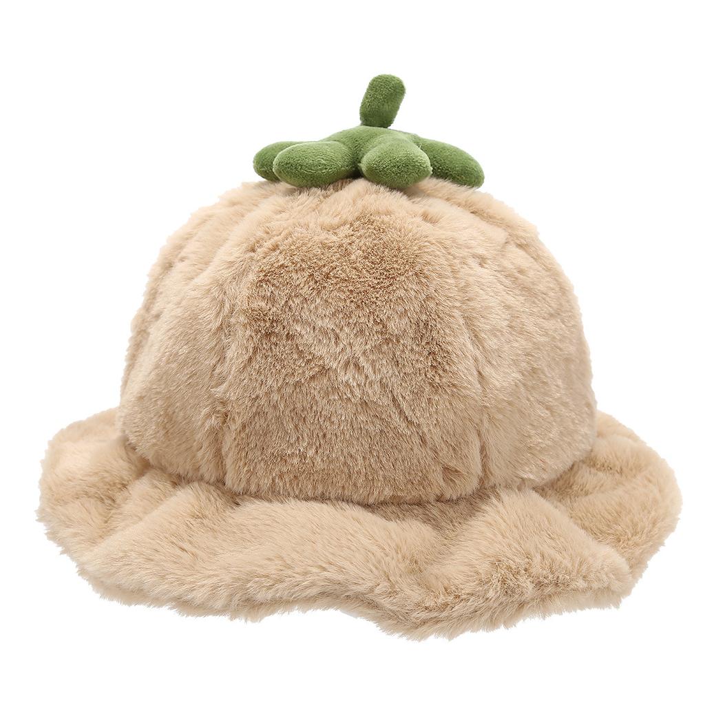 Small fresh and cute pumpkin hat female warm tide plush fungus edge bucket hat autumn and winter sunshade basin hat