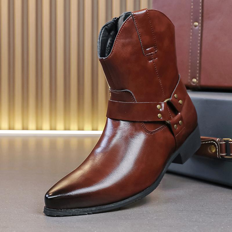 Fashion Men's Black Brown Pointed Punk Motorcycle Casual Ankle Boot Male Winter High Tops New Comfortable Chelsea Leather Shoes