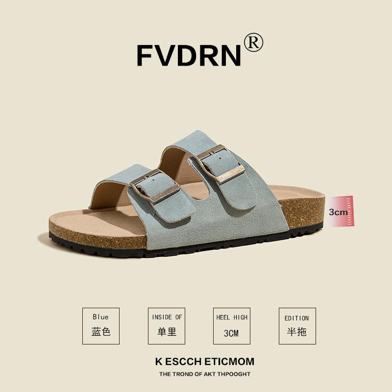 

Wear men s and women s cowhide suede double-buckle one-pedal flat-bottomed lazy slippers 41