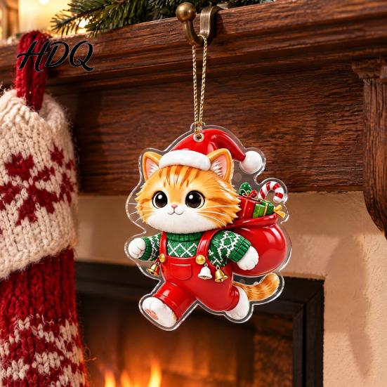 Acrylic Hanging Decor 2 Pcs Christmas Ornament Crystal Snowman Cat Santa Pattern Decoration Celebration Supplies Double Sided 2D Pendant for Holiday