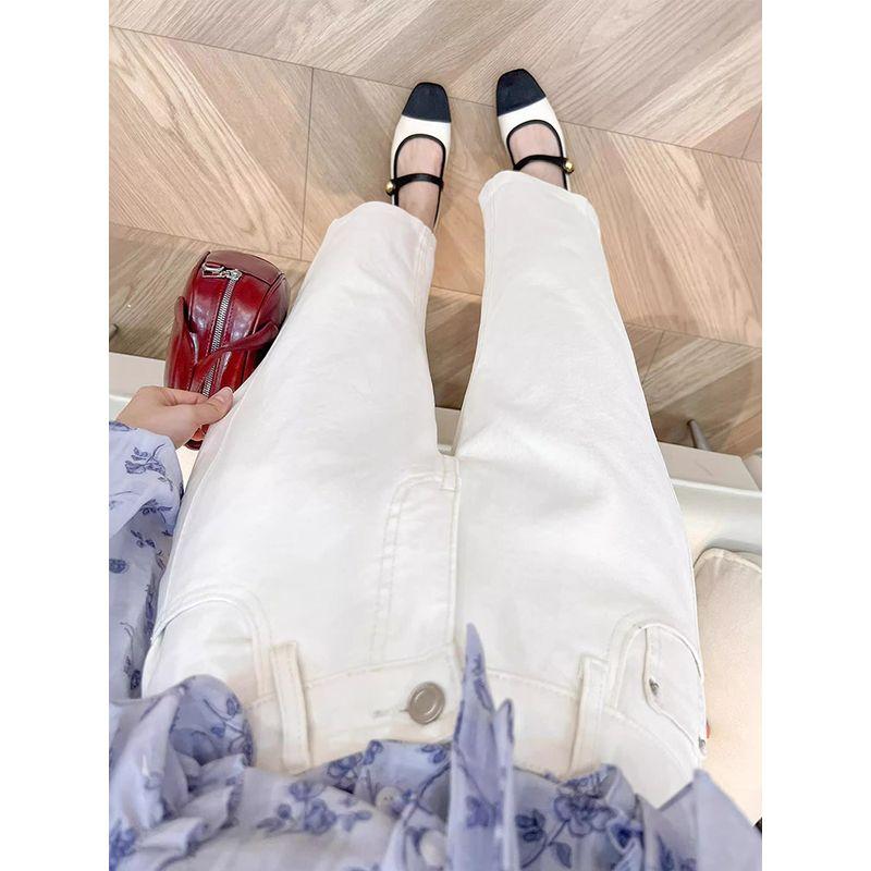 White Straight-Leg Jeans for Women, 2026 Summer New Style, Plus-Size Pear-Shaped Body, High-Waisted, Stretchy, Cropped Wide-Leg Pants