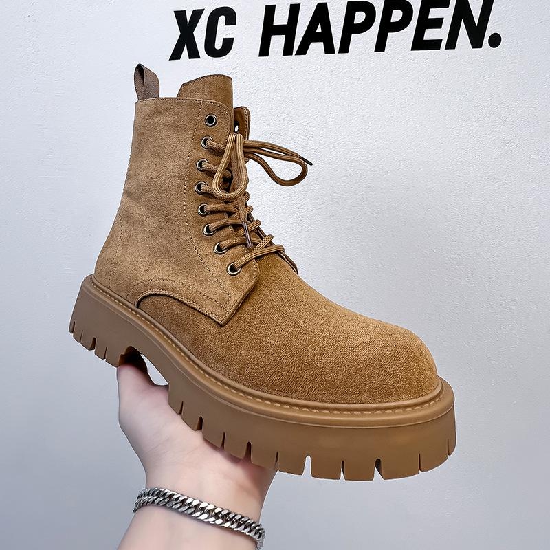 Men's new high-top Martin boots British style thick-soled heightened large-size lace-up velvet medium-top boots Men's 3302-A