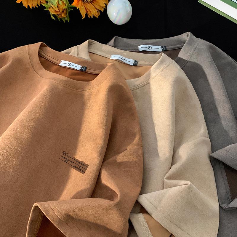 Men's Oversized Brown Suede Retro Round Neck Short-Sleeve T-Shirt