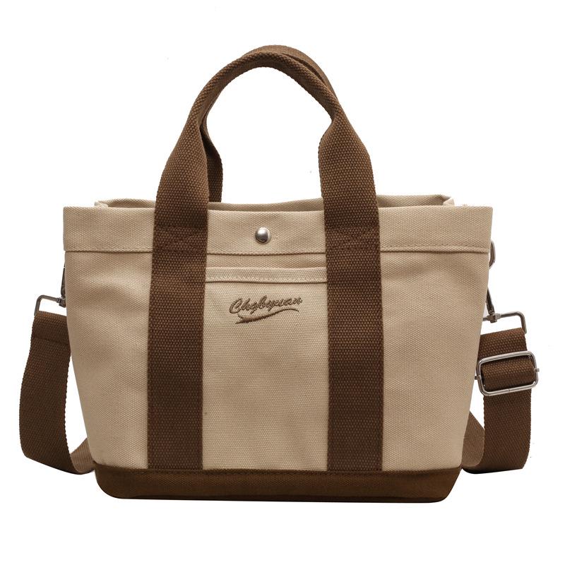 Japanese Color Block Canvas Tote: Lightweight, Large-Capacity, Versatile Handbag for Women - Shoulder or Crossbody Use.