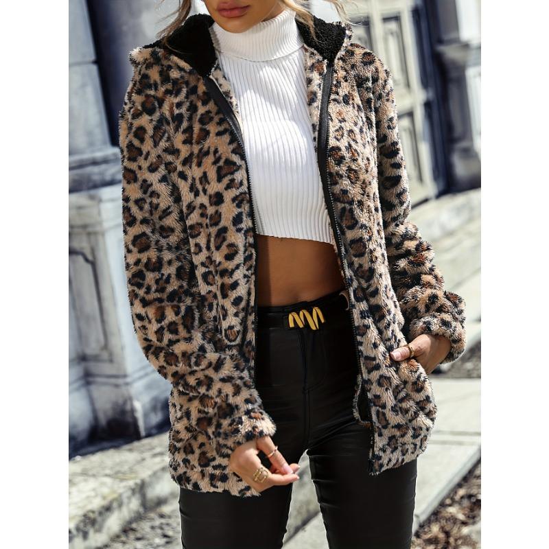 Leopard Pattern Zipper Hooded Teddy Coat, Versatile Long Sleeve Thermal Outwear For Fall & Winter, Women's Clothing