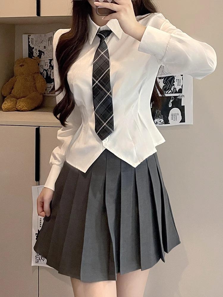 Academy Style Waist-Cinching Long-Sleeved Slim-Fit White Shirt for Women