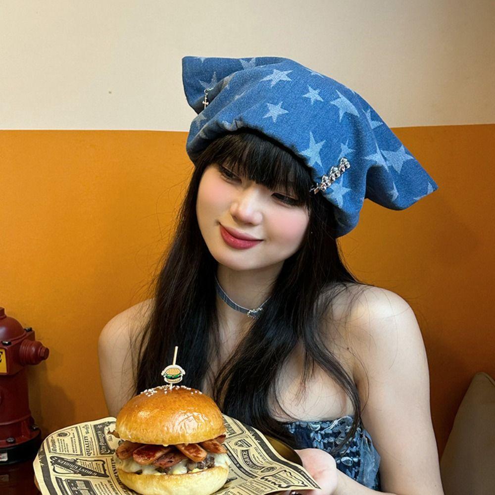 Blue Pullover Hat Y2K Cat Ear Beanie Cap Soft Denim Hat Outdoor