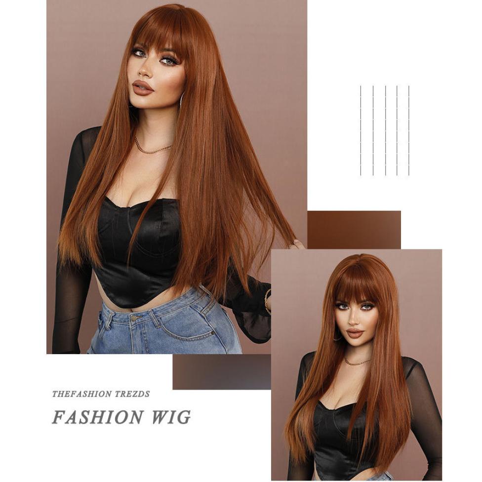 Women's Simulation Wig 70cm Hair Caramel Wig Long Straight Wig Full Headgear Rose Hair Net Headdress Beauty Decoration Wig