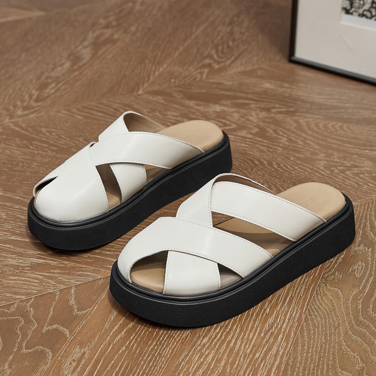 

Baotou slippers women s summer new outer wear woven hollow thick bottom heightening casual versatile leather cool slippers 35 бежевий