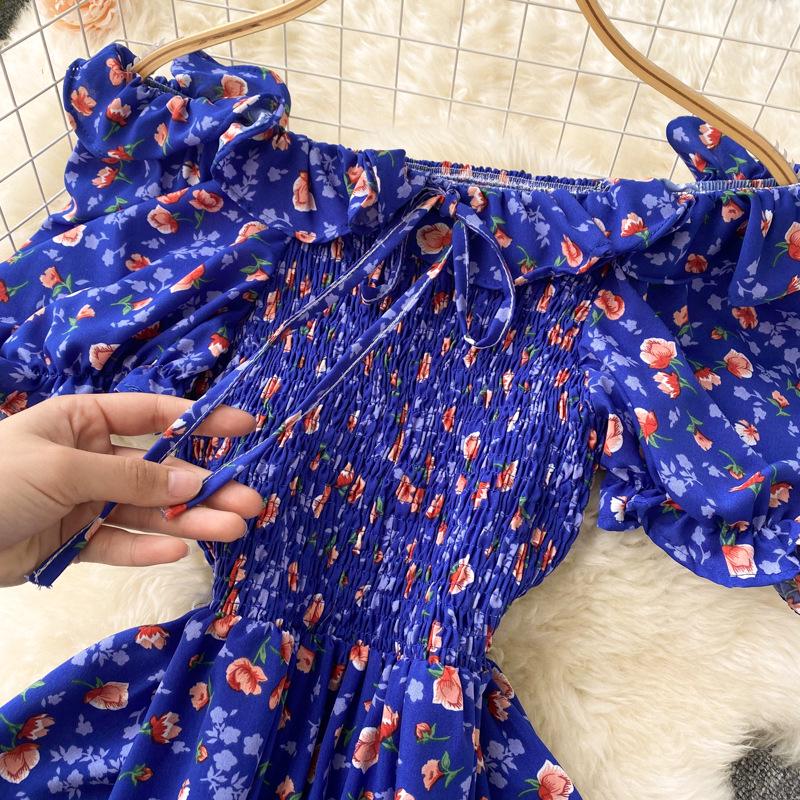 French Retro Floral Slimming High-Waist Long Dress with Pleated Drawstring and Big Swing Hem