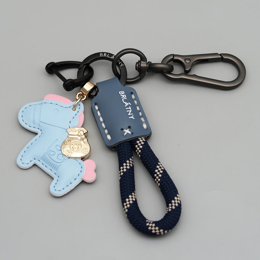 Handmade Genuine Leather Horse Keychain with Anti-Lost Lanyard and Woven Rope.