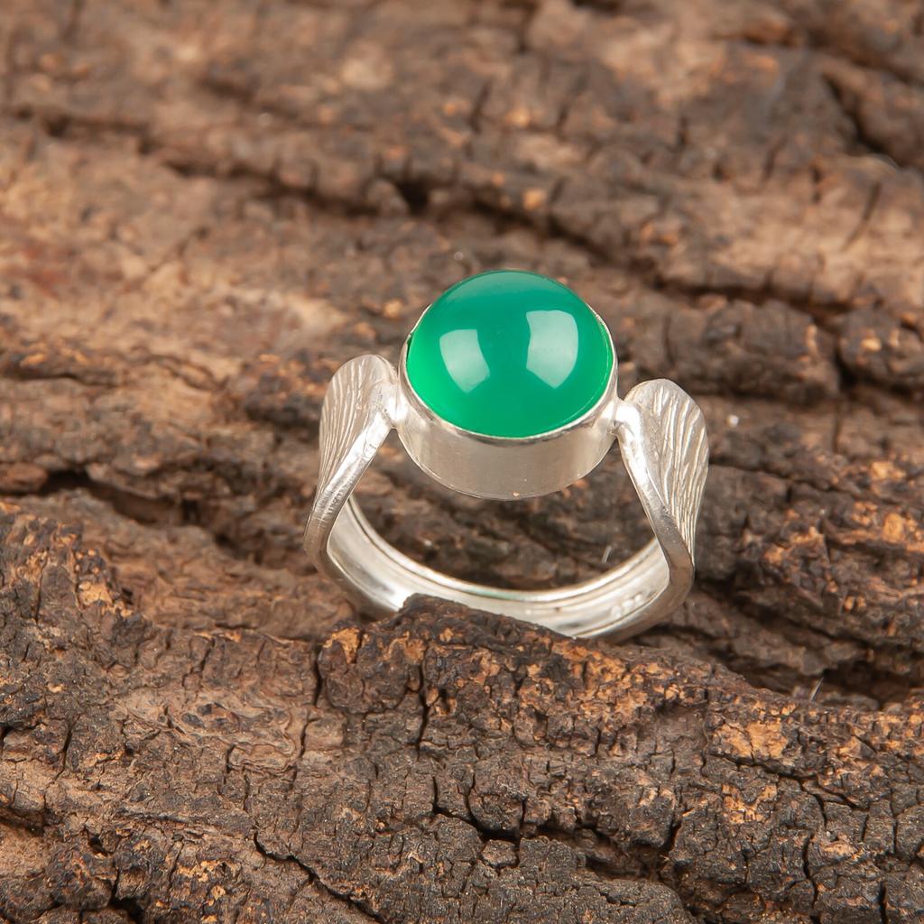 Natural Green Onyx Cab Gemstone Handmade 925Sterling Silver Jewelry Ring For Her RR-1-19