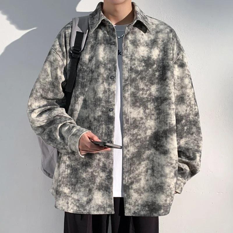 Men's Tie Dye Corduroy Shirt Casual Loose Long Sleeve Button Down Shirt Streetwear Vintage Blouse