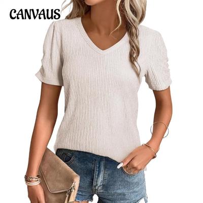 Nuova T-shirt a maniche a sbuffo con scollo a V da donna, tinta unita, maglia testurizzata