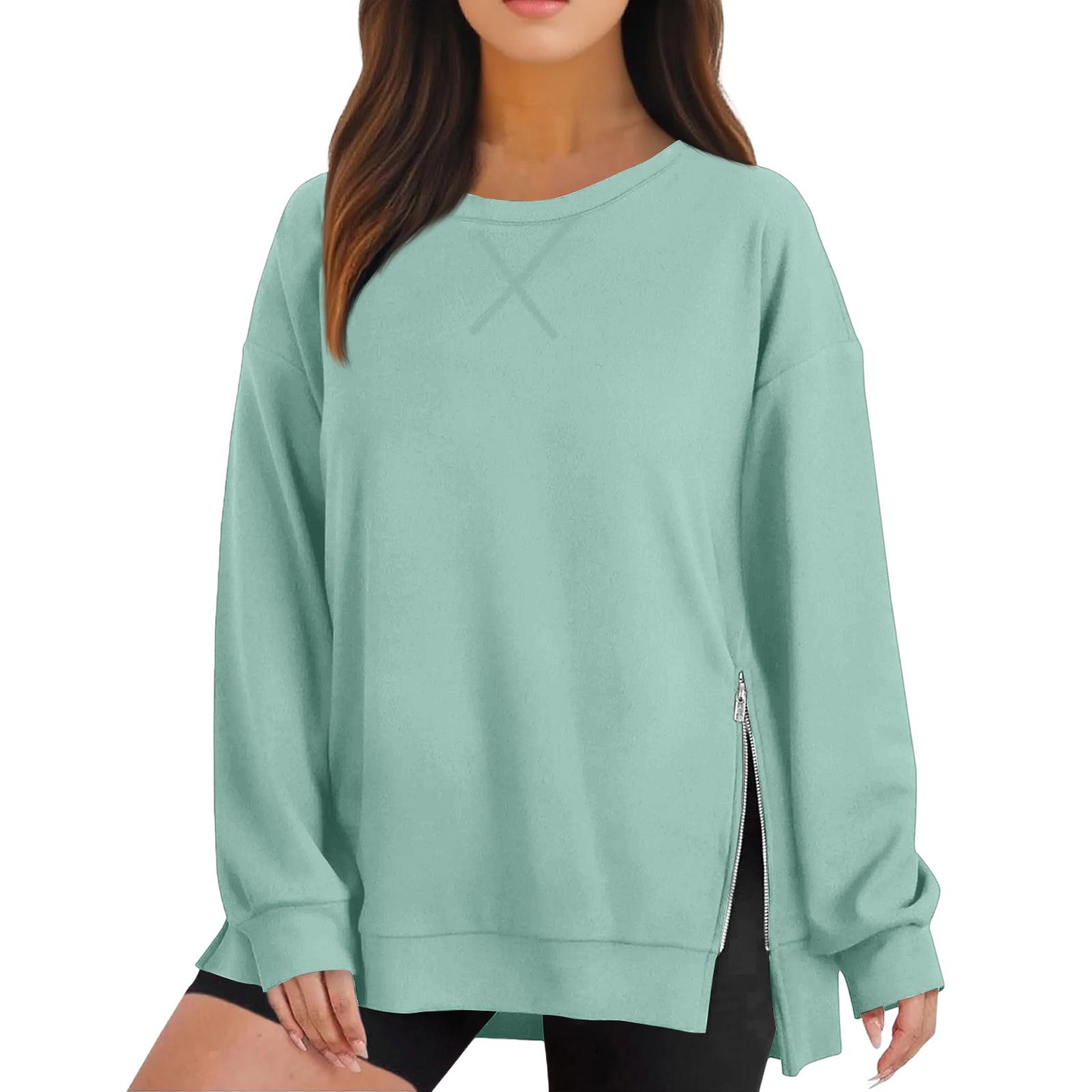 

Women s Loose-Fitting Round Neck Pullover Side Zipper Casual Long Sleeve Solid Color Sweatshirt XL