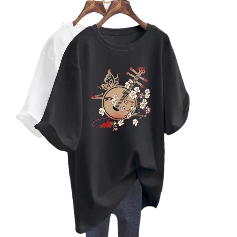 Cotton White Short-sleeved T-shirt Women's Medium and Long Summer 2025 New Printed Loose Large Size Round Neck Half-sleeved Top T