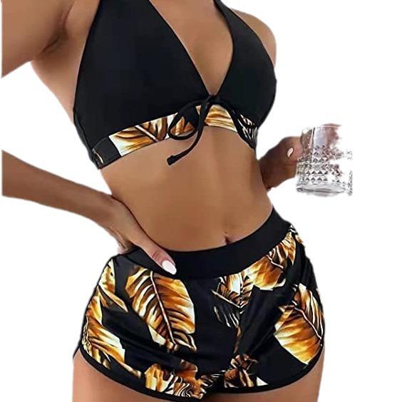 Damski dwuczęściowy zestaw bikini z blokami kolorów i nadrukiem liści, 2022