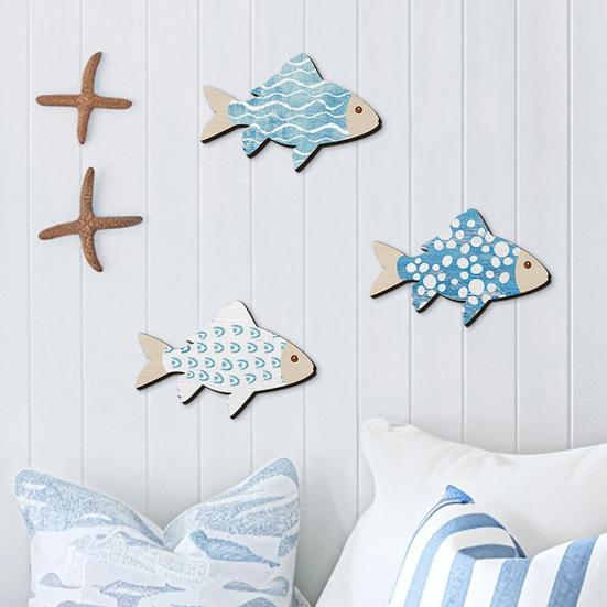 3 Pcs Wooden Fish Wall Art Nautical Coastal Theme Blue Fish Wall Decor Vintage Beach Ocean Wall Sculpture for Living Room Lake House