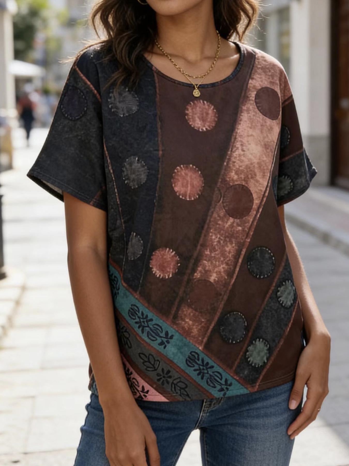 

Retro Floral Print Slimming Loose Fit Summer Top 1XL кавовий