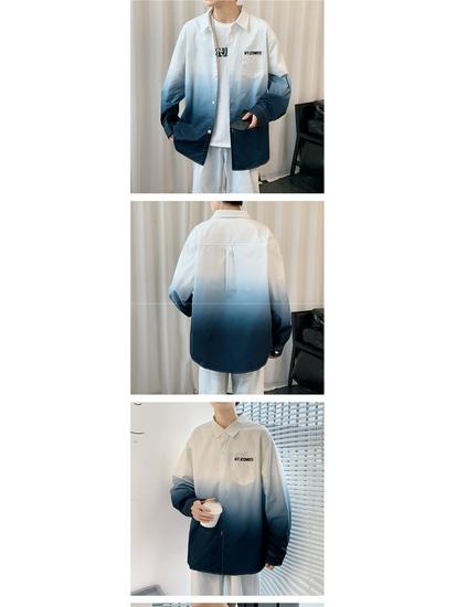 American Style Gradient Long Sleeve Men's Shirt – Casual Loose Fit with Turn-Down Collar for Spring, Autumn, and Summer.